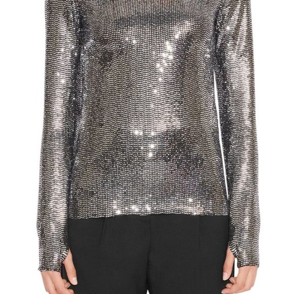 NWT Women's Maje Silver Sequined Metallic Funnel Turtle Neck Shirt - Picture 4 of 9